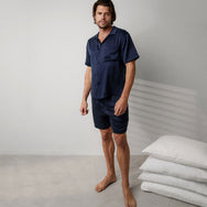 Men's Washable Silk Button Up Short Set - #Deep Blue