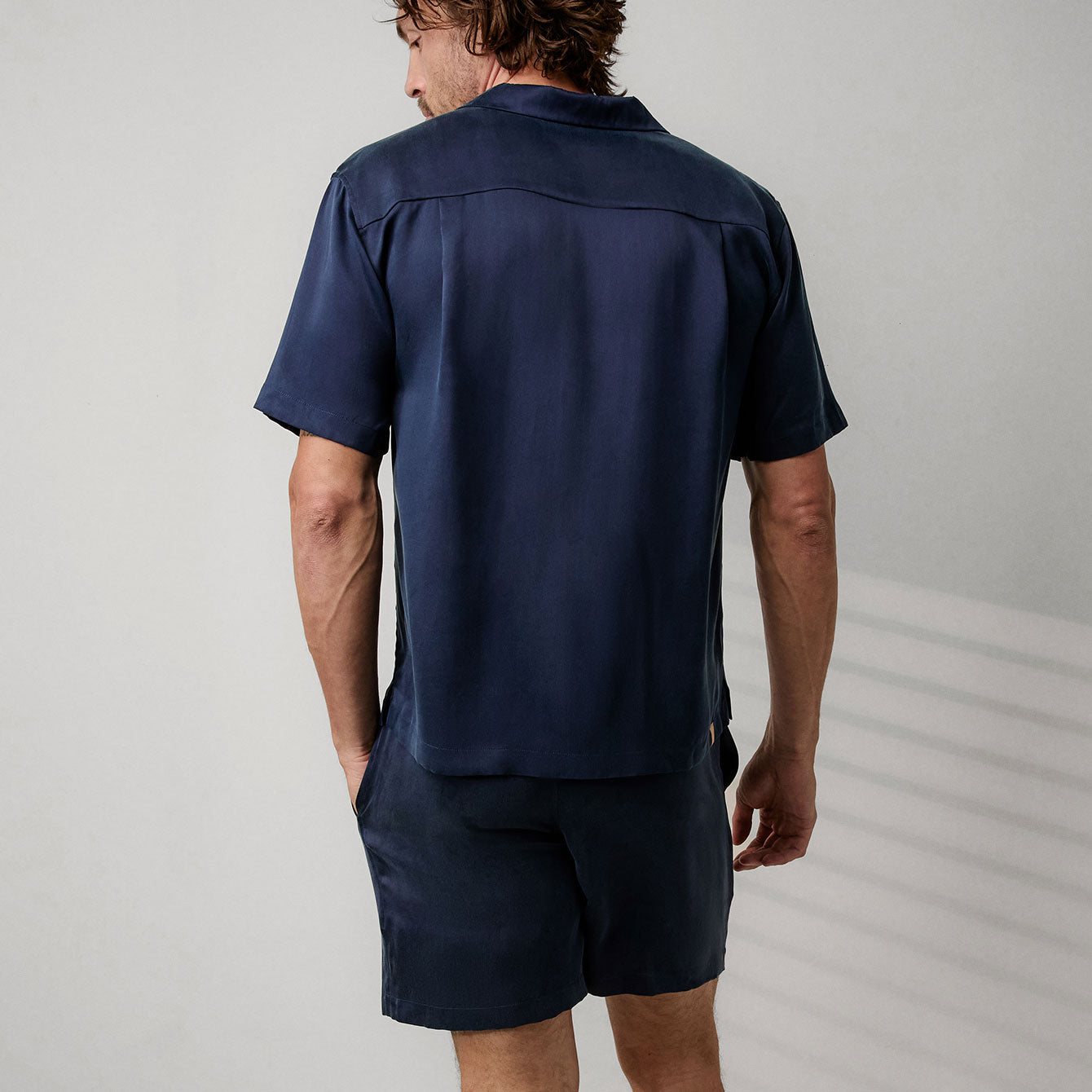Men's Washable Silk Button Up Short Set - #Deep Blue