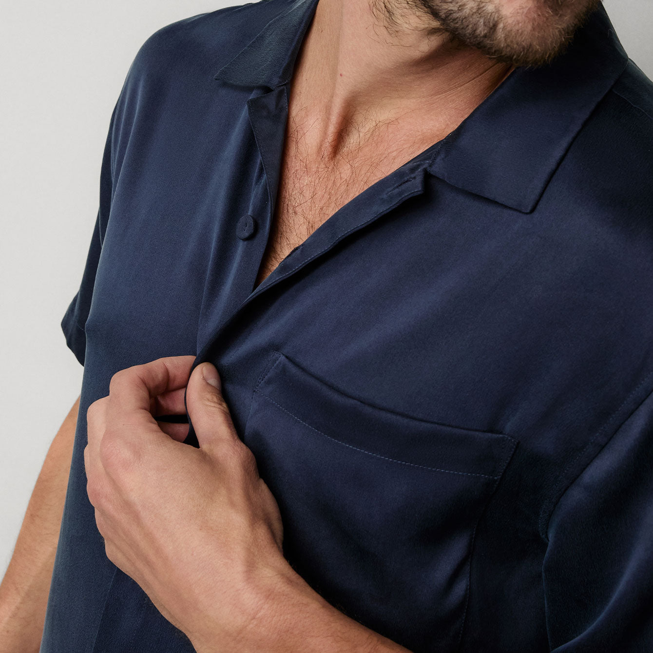 Men's Washable Silk Button Up Short Set - #Deep Blue